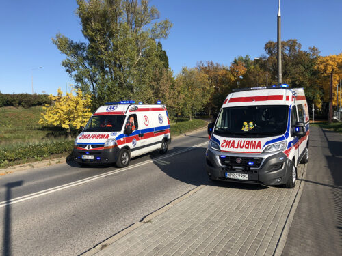 Dwa ambulanse stoją przy jezdni.