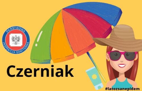 Grafika przedstawia kobietę chroniącą się przed czerniakiem - kapelusz, krem z UV, okulary, parasol - na żółtym tle z napisem czerniak oraz #latozsanepidem